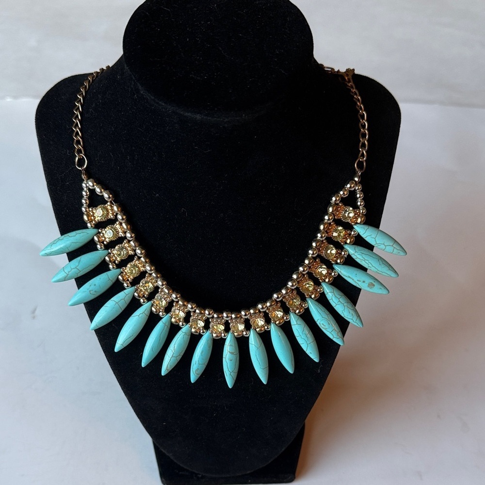 Faux Turquoise  Rhinestone and Gold Tone Statement Collar Necklace